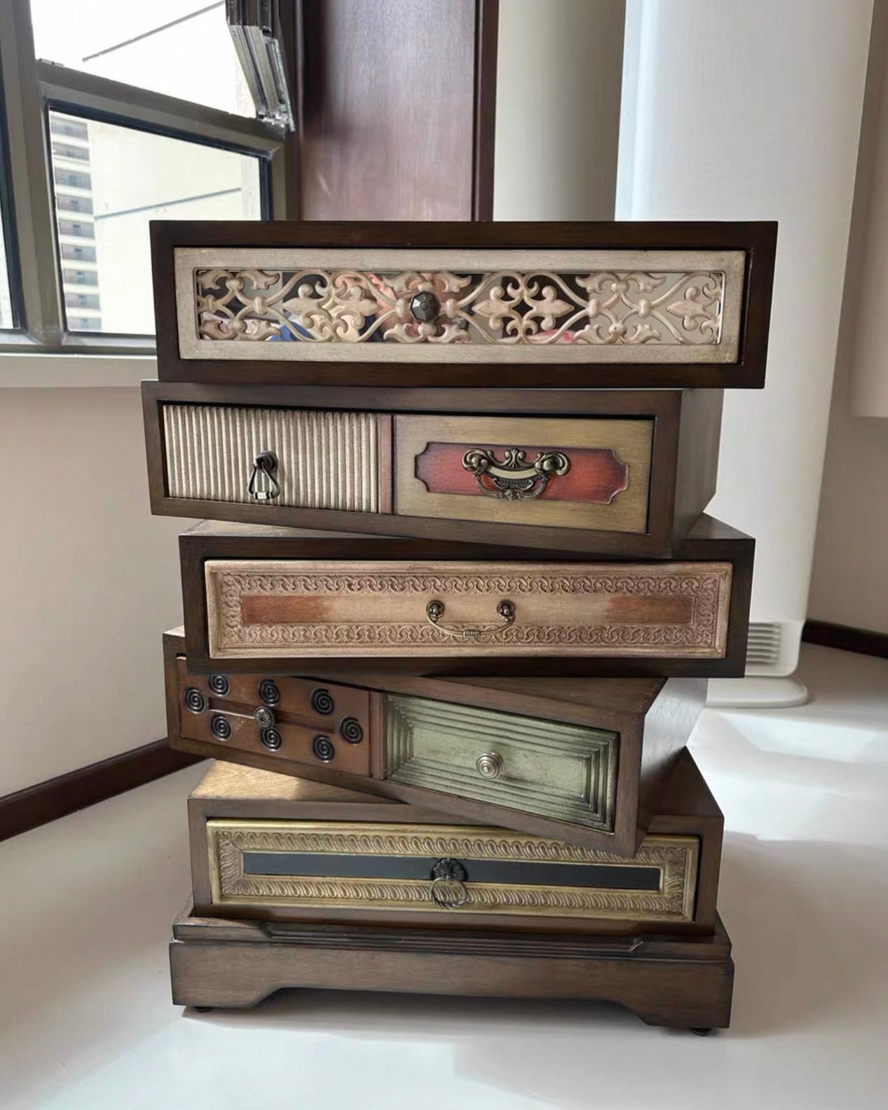 NEW IN STORE! Mid-Century Modern Revolving Drawers Solid Wood Side Table & Nightstand | Walnut & Antique White