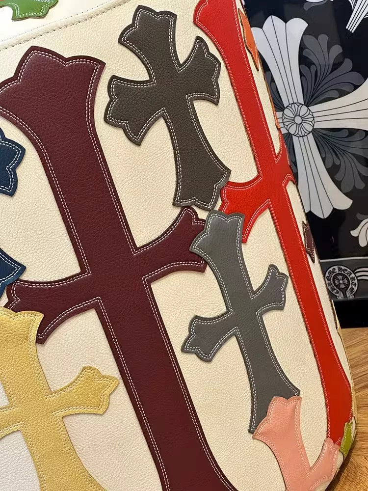 Close-up of chrome cross leather patched furniture.