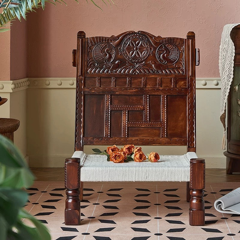 Artisan Hand-Carved Pida Chair | Solid Birch Wood & Woven Rope Bohemian Accent Chair