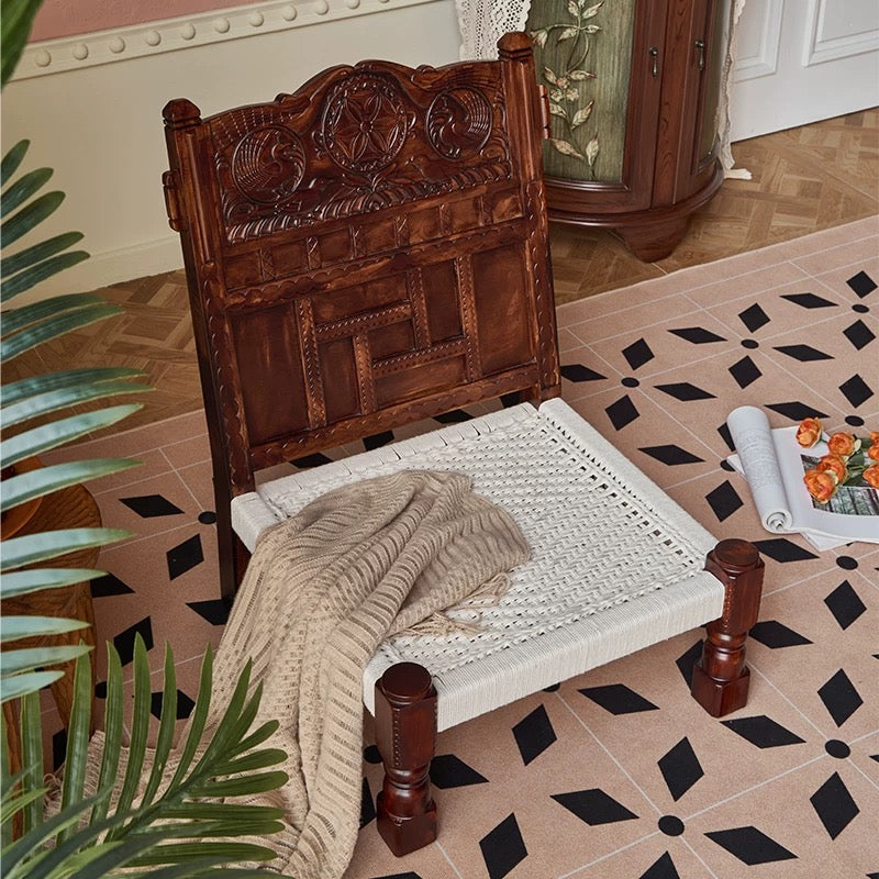 Artisan Hand-Carved Pida Chair | Solid Birch Wood & Woven Rope Bohemian Accent Chair