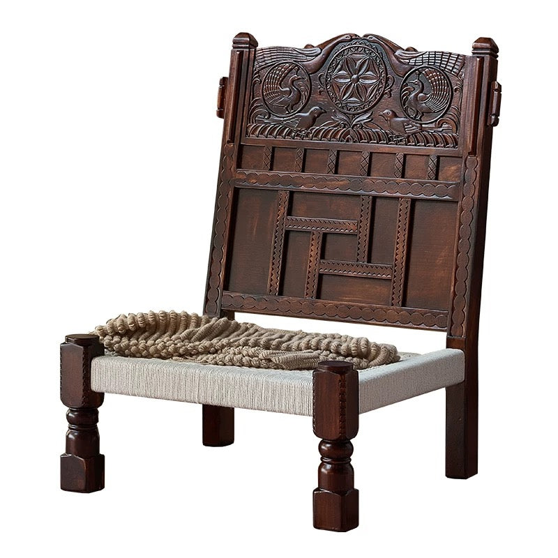 Artisan Hand-Carved Pida Chair | Solid Birch Wood & Woven Rope Bohemian Accent Chair