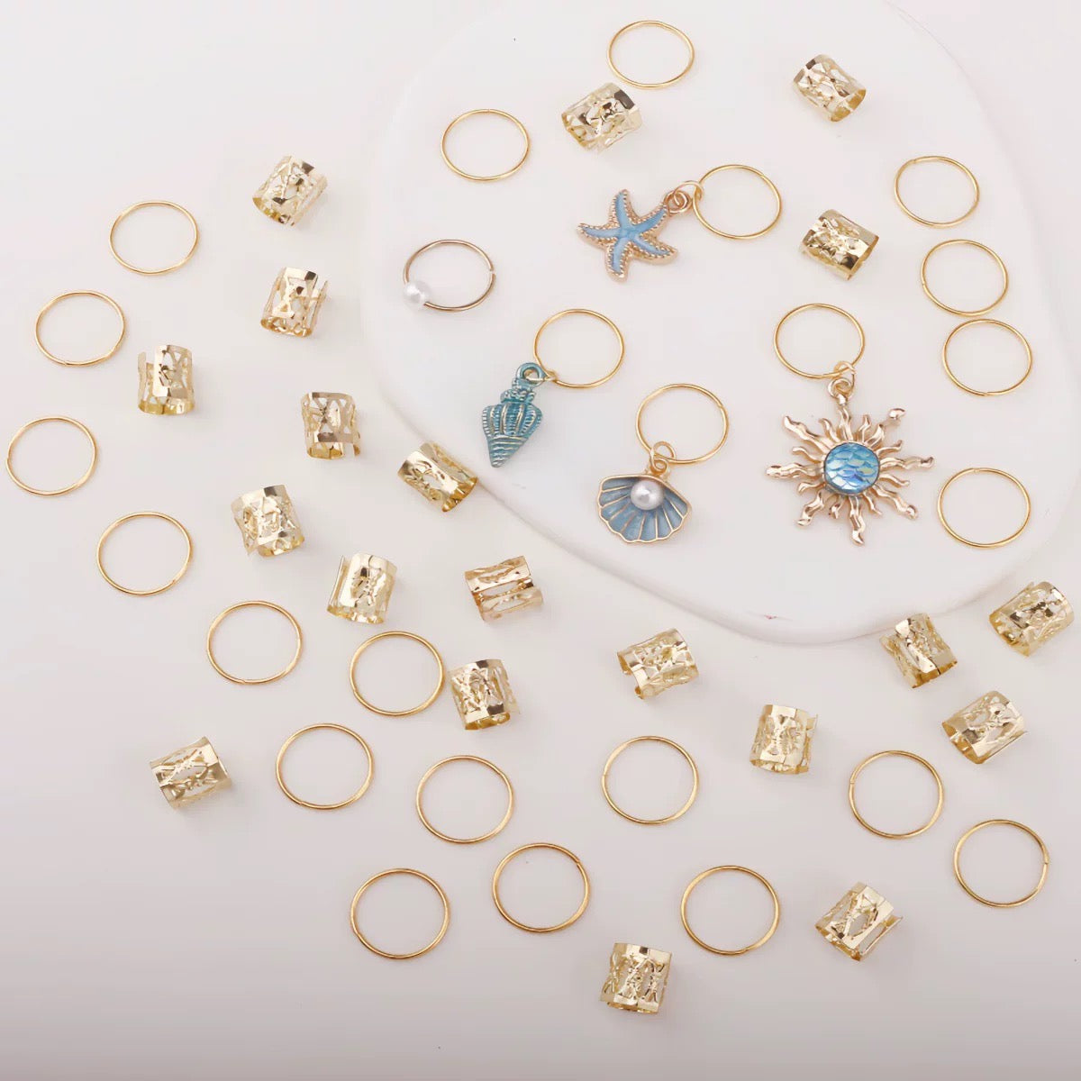 Golden Ocean Hair Jewelry Set (45pcs) | Sun & Starfish Charms for Braids, Locs & Festivals