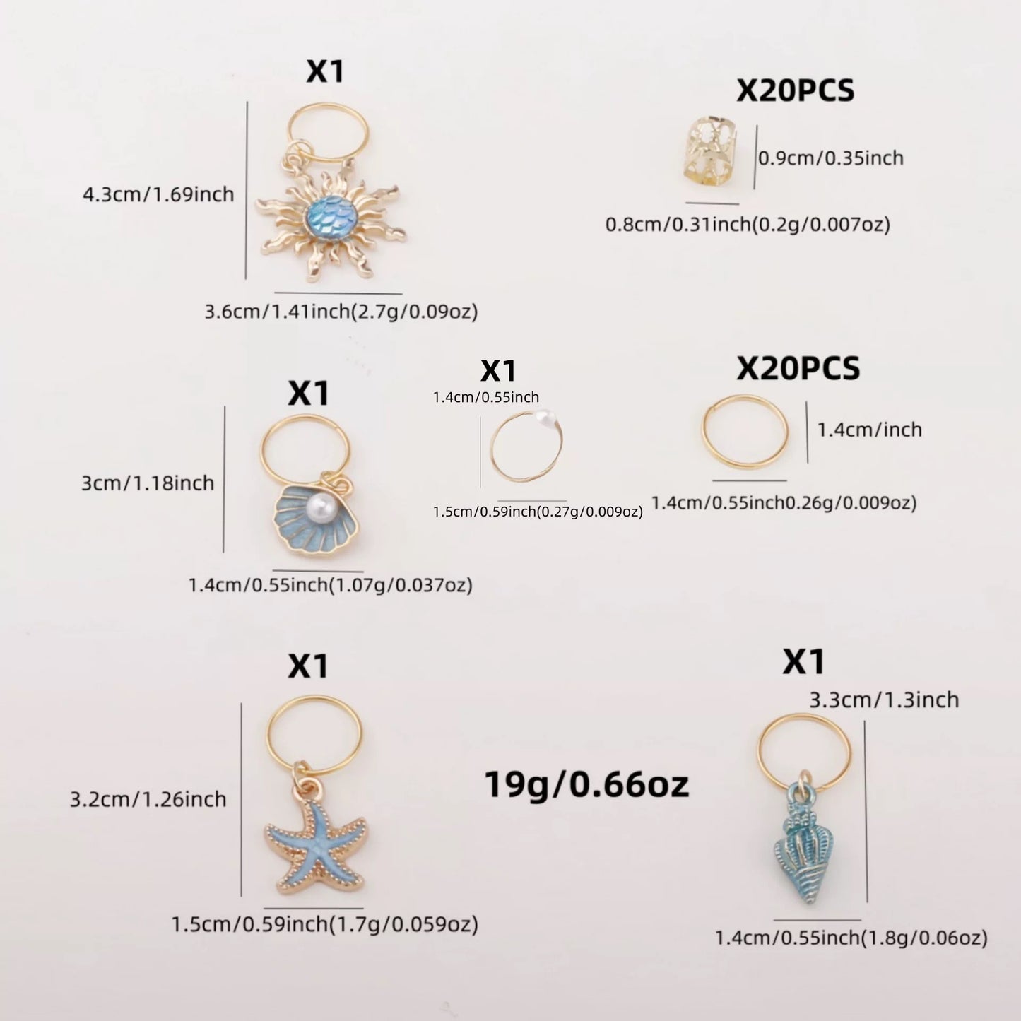 Golden Ocean Hair Jewelry Set (45pcs) | Sun & Starfish Charms for Braids, Locs & Festivals