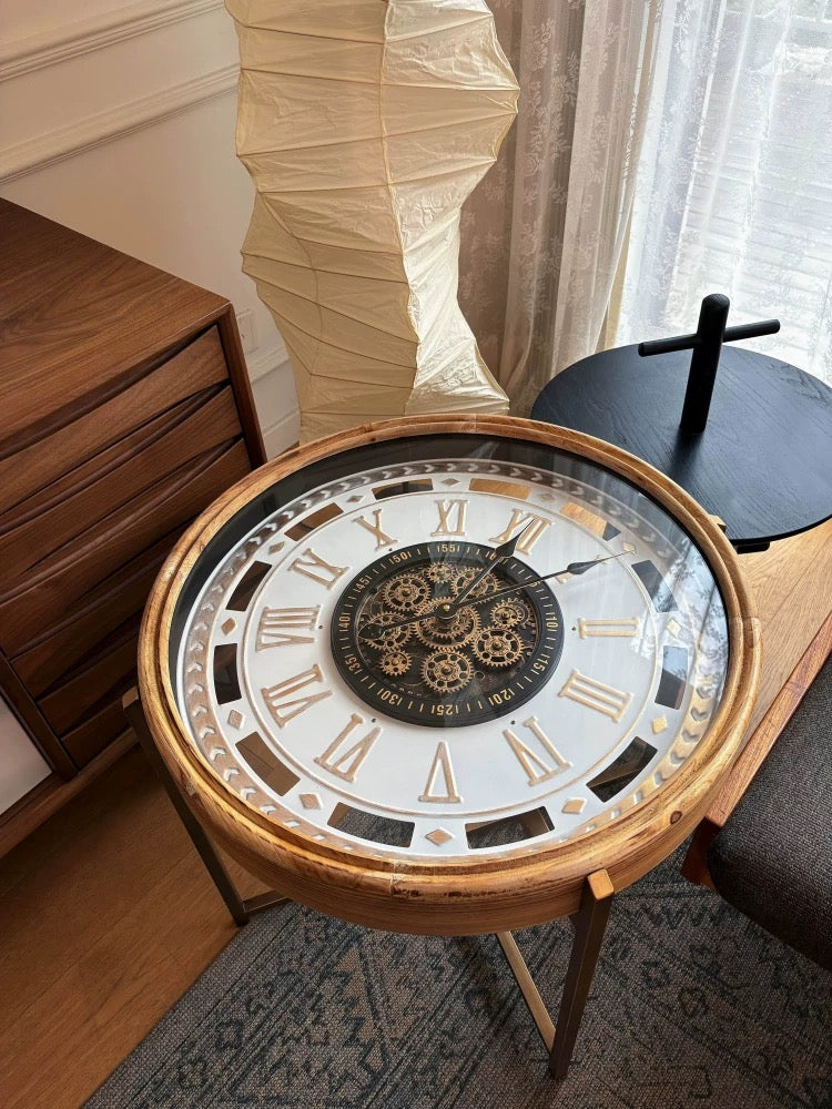 Natural Oak Finish Farmhouse The Chronos Table | A Kinetic Masterpiece of Moving Gears