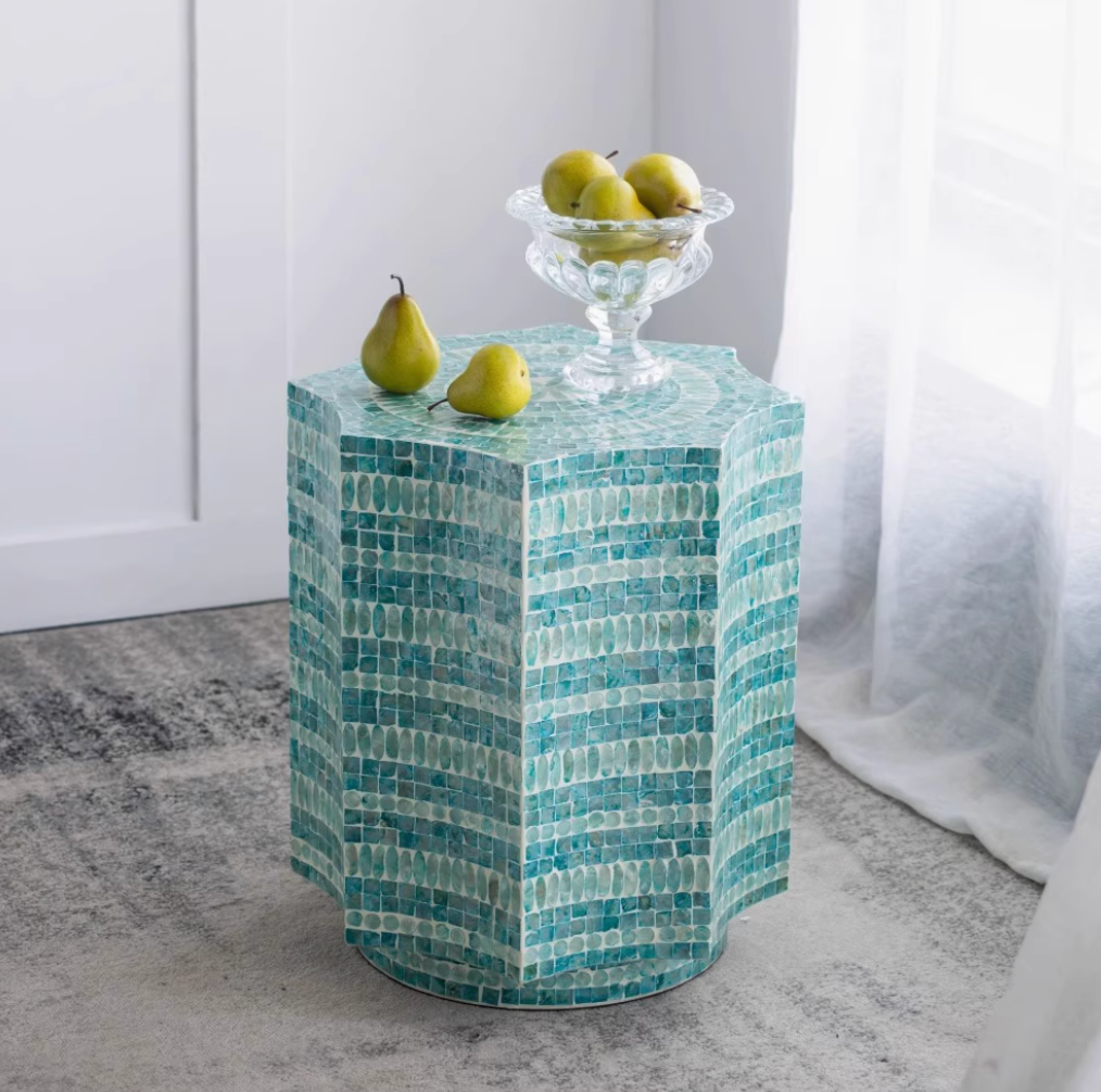 Handmade Seashell Mosaic Inlaid Accent Side Table - Stool, Nightstand, Sofa End Table | Mother-of-Pearl Mosaic Decor