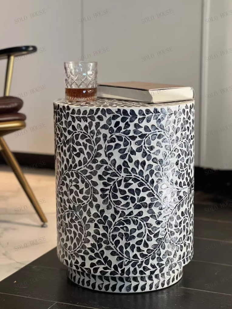 Handmade Seashell Mosaic Inlaid Accent Side Table - Stool, Nightstand, Sofa End Table | Mother-of-Pearl Mosaic Decor