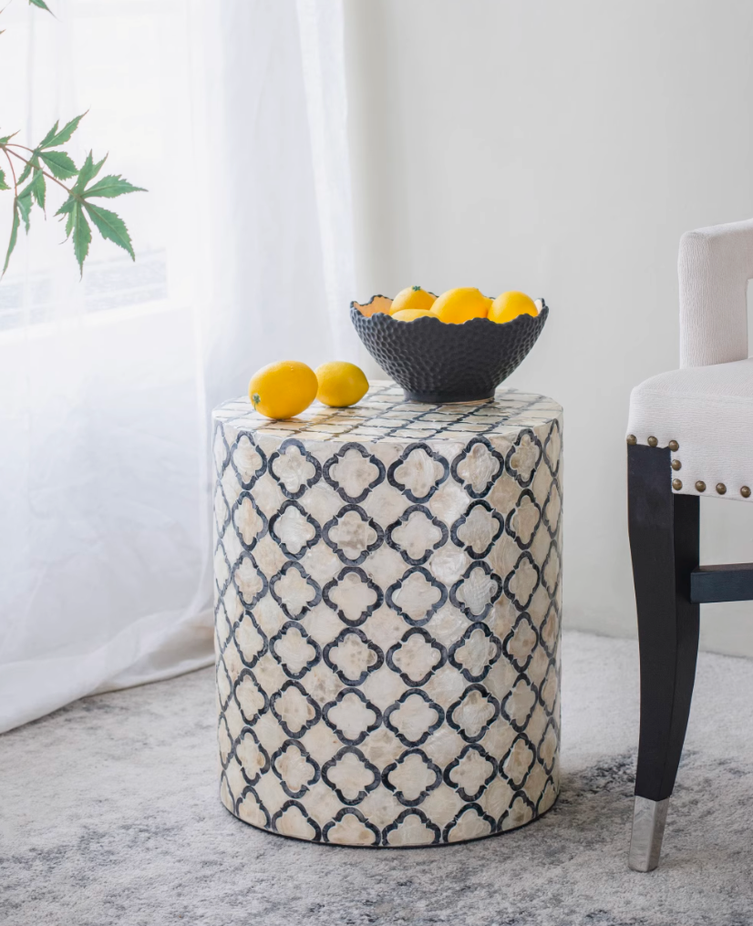 Handmade Seashell Mosaic Inlaid Accent Side Table - Stool, Nightstand, Sofa End Table | Mother-of-Pearl Mosaic Decor