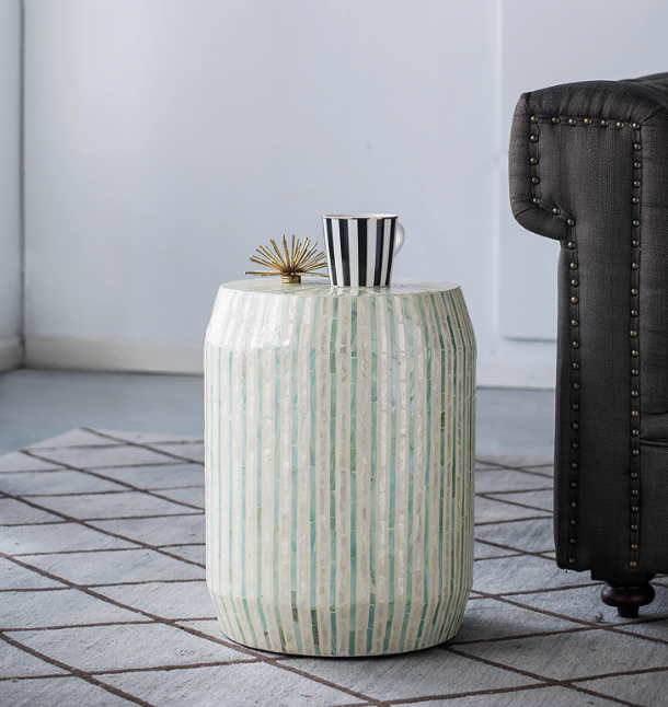 Handmade Seashell Mosaic Inlaid Accent Side Table - Stool, Nightstand, Sofa End Table | Mother-of-Pearl Mosaic Decor