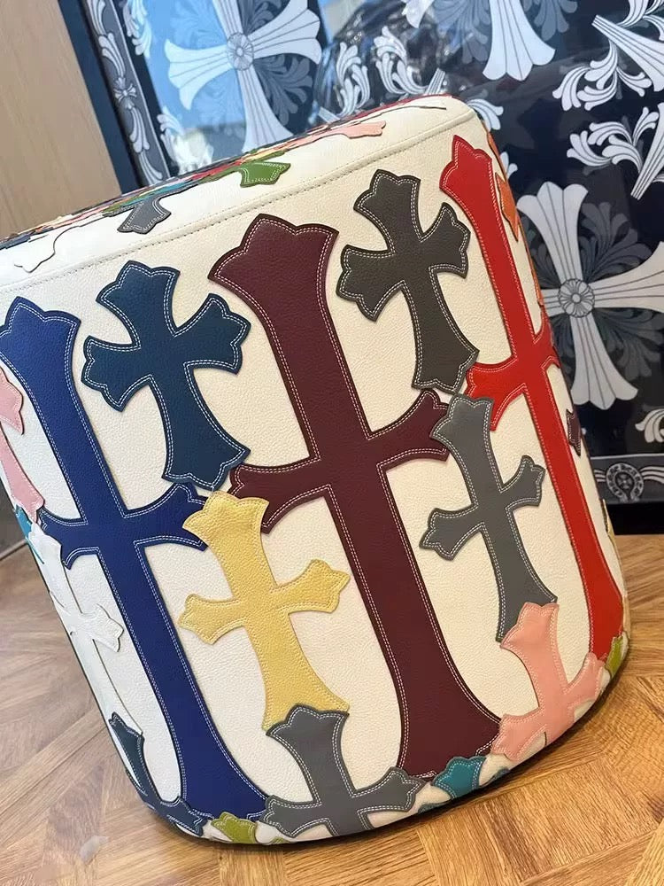 white matte chrome cross multi-color leather patches ottomon stool for furniture showroom.