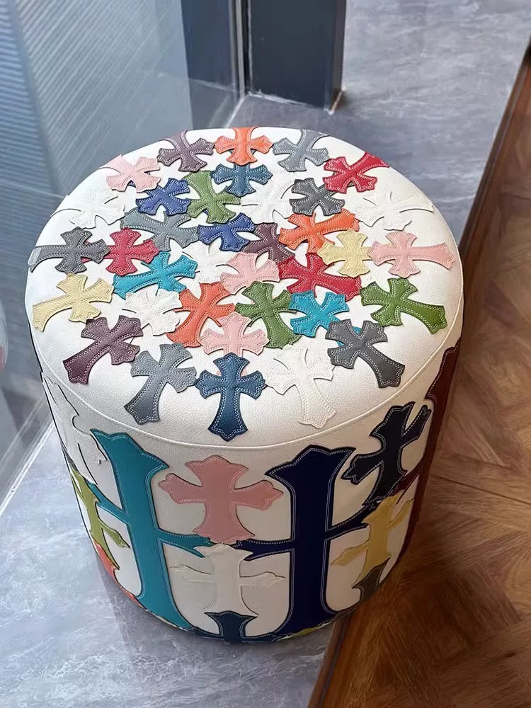 white matte chrome cross multi-color leather patches ottomon stool for furniture showroom.