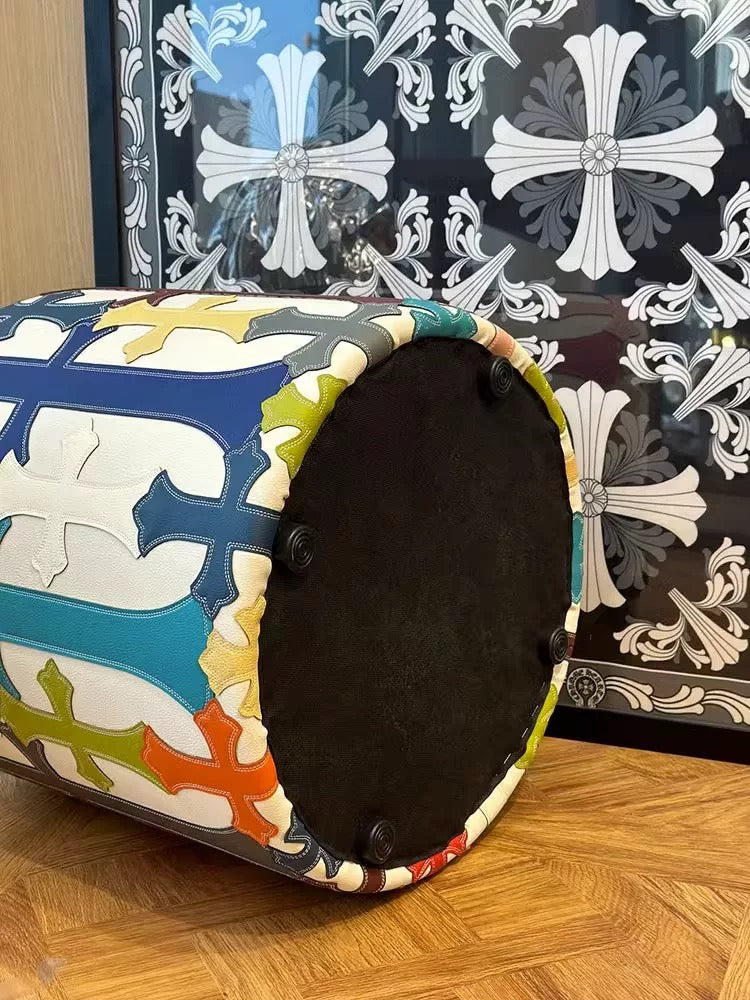 The Gothic Cross Ottoman | Heavy-Duty Chrome Leather Patch Stool
