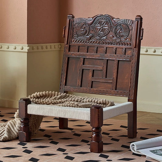 Artisan Hand-Carved Pida Chair | Solid Birch Wood & Woven Rope Bohemian Accent Chair