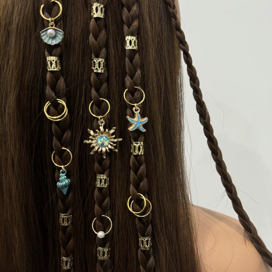 Golden Ocean Hair Jewelry Set (45pcs) | Sun & Starfish Charms for Braids, Locs & Festivals