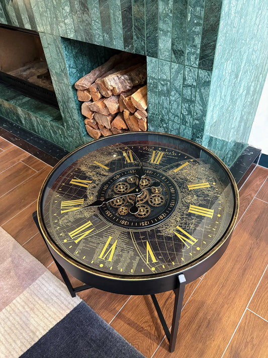 Gilded Roman Industrial The Chronos Table | A Kinetic Masterpiece of Moving Gears