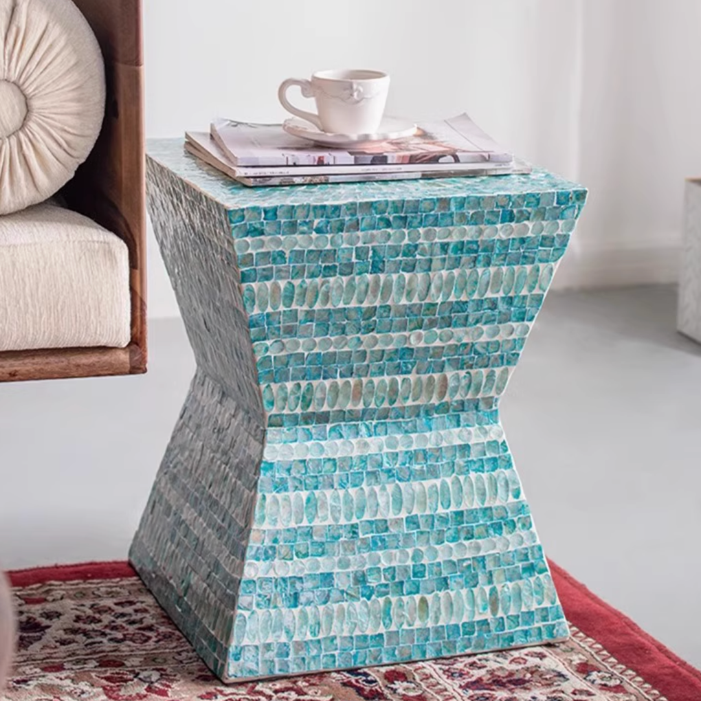 Handmade Seashell Mosaic Inlaid Accent Side Table - Stool, Nightstand, Sofa End Table | Mother-of-Pearl Mosaic Decor