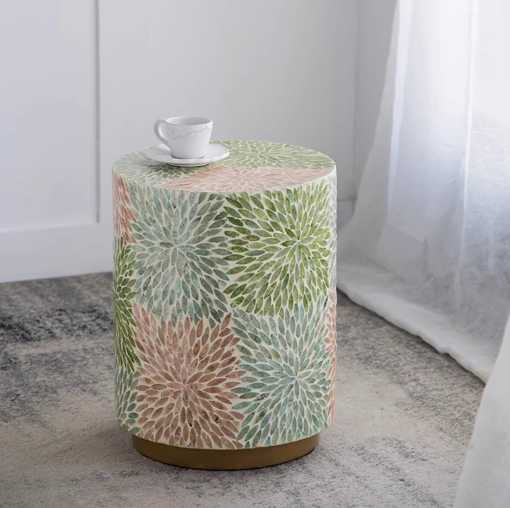 Handmade Seashell Mosaic Inlaid Accent Side Table - Stool, Nightstand, Sofa End Table | Mother-of-Pearl Mosaic Decor