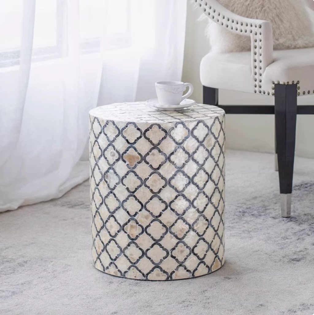 Handmade Seashell Mosaic Inlaid Accent Side Table - Stool, Nightstand, Sofa End Table | Mother-of-Pearl Mosaic Decor