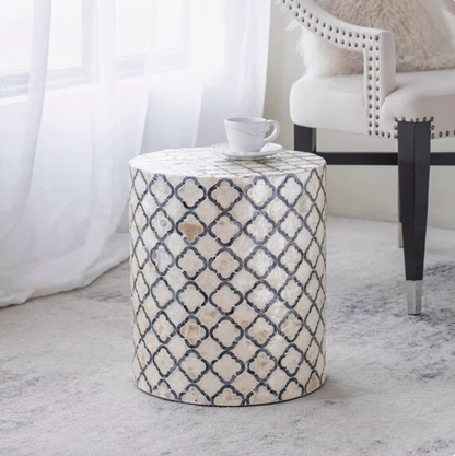Handmade Seashell Mosaic Inlaid Accent Side Table - Stool, Nightstand, Sofa End Table | Mother-of-Pearl Mosaic Decor