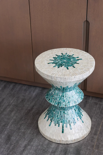 Handmade Seashell Mosaic Inlaid Accent Side Table - Stool, Nightstand, Sofa End Table | Mother-of-Pearl Mosaic Decor