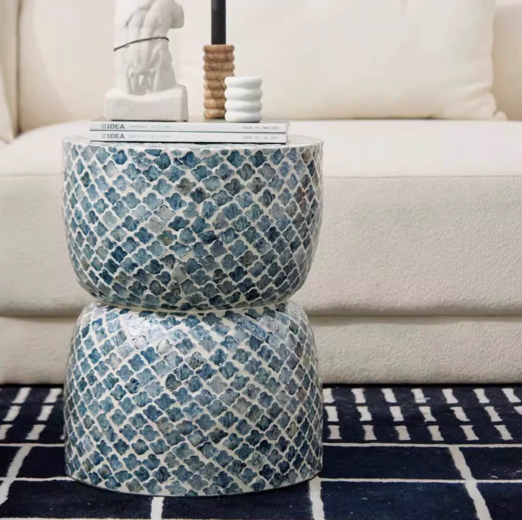 Handmade Seashell Mosaic Inlaid Accent Side Table - Stool, Nightstand, Sofa End Table | Mother-of-Pearl Mosaic Decor