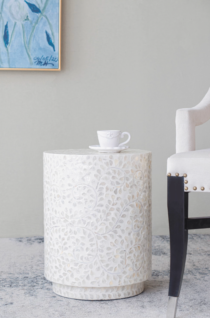 Handmade Seashell Mosaic Inlaid Accent Side Table - Stool, Nightstand, Sofa End Table | Mother-of-Pearl Mosaic Decor